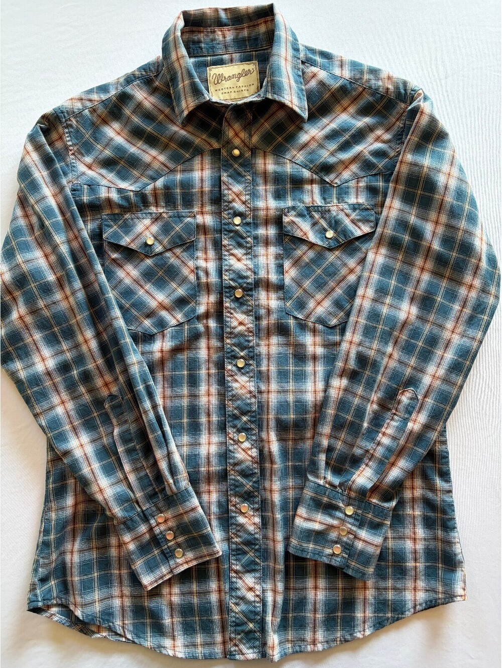 Wrangler Men’s Medium Blue Plaid Western Snap Long Sleeve Cowboy Shirt